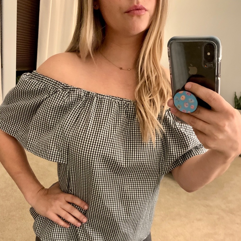 NWOT Topshop plaid off shoulder top
